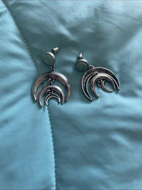 Silver Crescent Dangle Earrings with Turquoise Accent